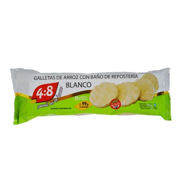 GALLETAS DE ARROZ con chocolate BLANCO SIN TACC 99g x 12u Marca 4:8