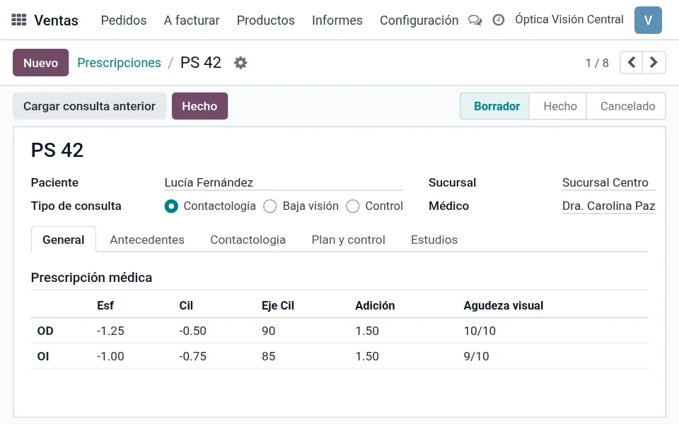 Vista previa: Ficha clínica y receta