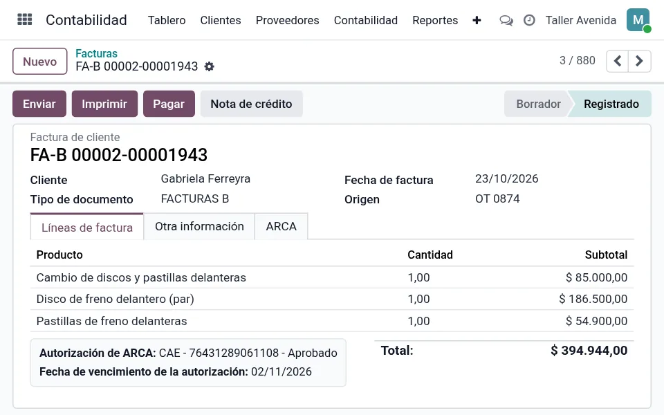 Factura electrónica con CAE desde la orden