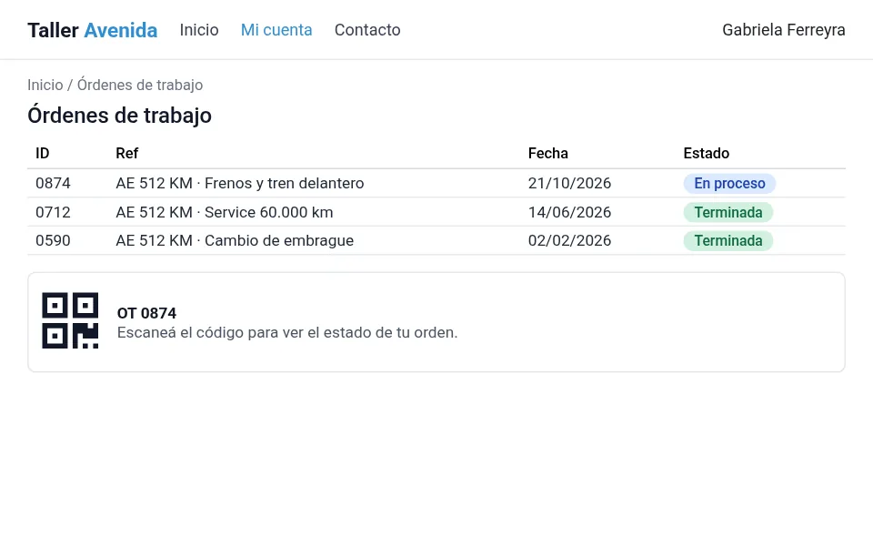 Portal del cliente con sus órdenes de trabajo y su estado