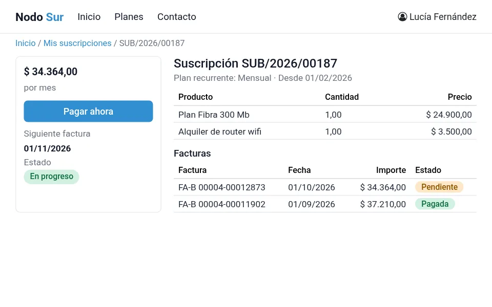 Portal del cliente con su suscripción y el botón Pagar ahora