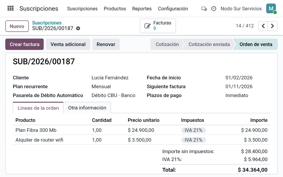 Suscripción mensual con plan recurrente y siguiente factura