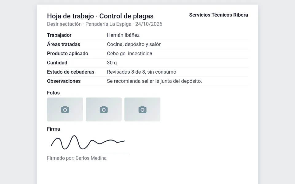 Hoja de trabajo de control de plagas con fotos y firma del cliente