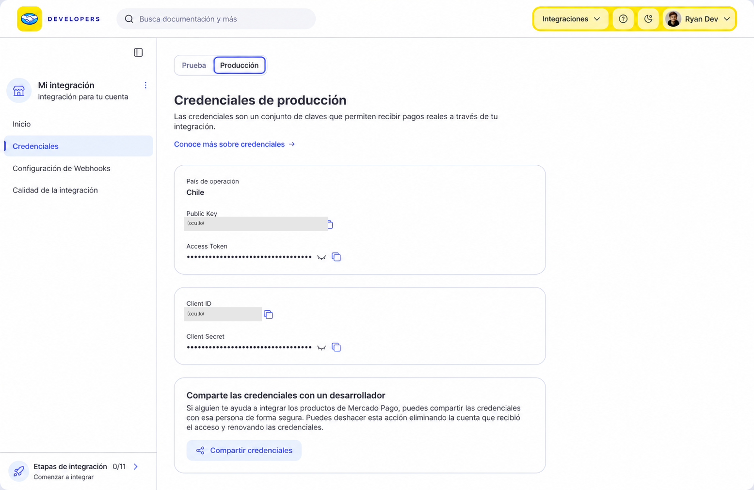 Pantalla Credenciales de producción